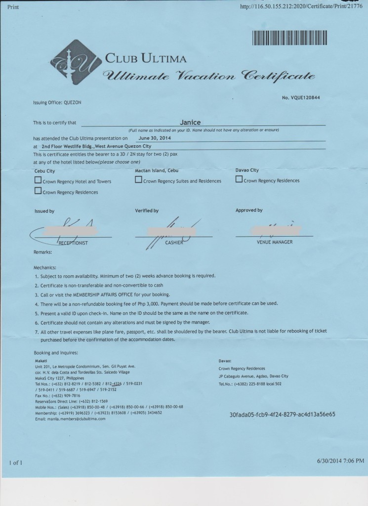 Club Ultima Crown Regency Gift Certificate 2